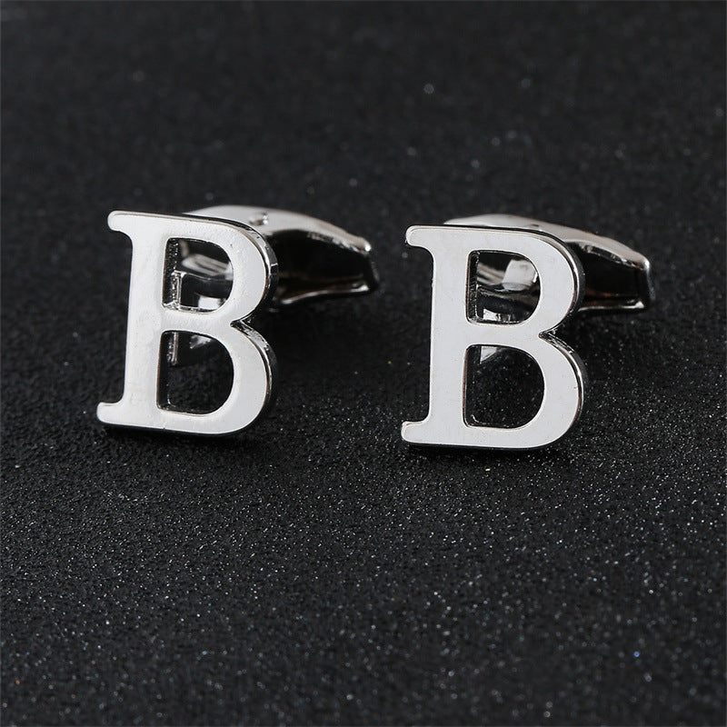 Cross-Border Specially Designed for Silver 26 English Letters Glossy Men's Cufflinks Manufacturer Wholesale Personalized French Shirt Cufflinks