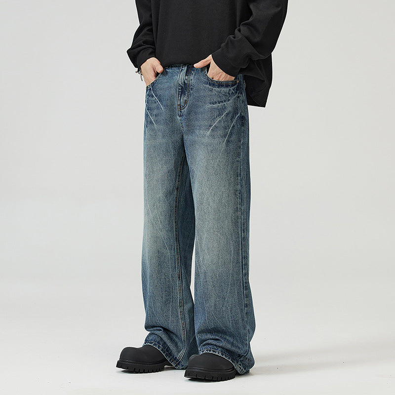LKTM Men's# American vibe Lightning Crack Blue Jeans Men's cleanfit Slightly Slim Pants