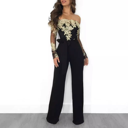 Sj3227 Foreign Trade European and American Casual Women's Water-Soluble Lace One-Line Collar Wide-Leg Jumpsuit 7 Colors