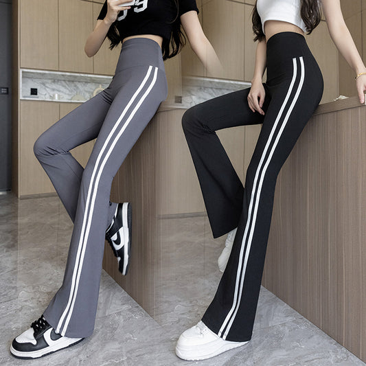 Plus Size Shark Bell Bottoms Spring Pants Women's Outer Wear Boot-Cut Pants Shark Pants High Waist Slim Side White Striped Women's Pants