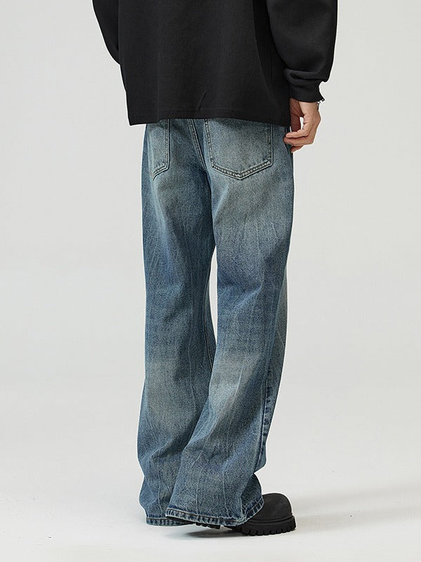 LKTM Men's# American vibe Lightning Crack Blue Jeans Men's cleanfit Slightly Slim Pants