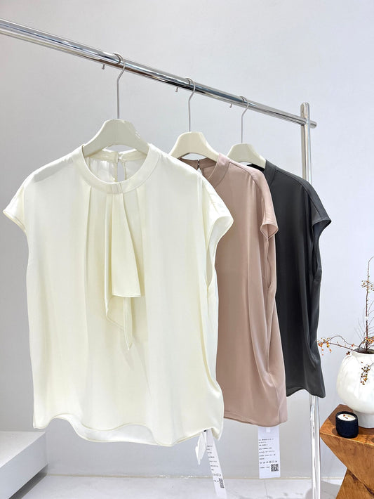 Silk Short-Sleeved Shirt for Women 2026 Spring and Summer New Style Solid Color Ribbon Top for Inner Wear and Outer Wear Elastic Double Georgette Silk Top