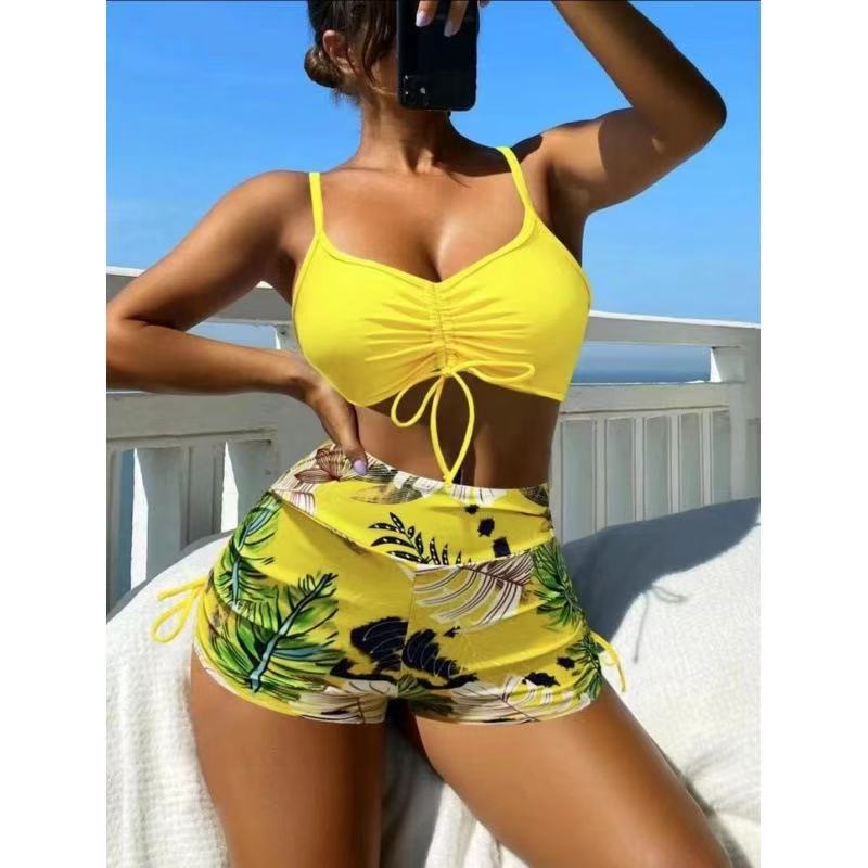 2025 Foreign Trade New Swimwear Women's European and American Amazon Bikini Split High Waist Color Split Sling Sexy Swimsuit