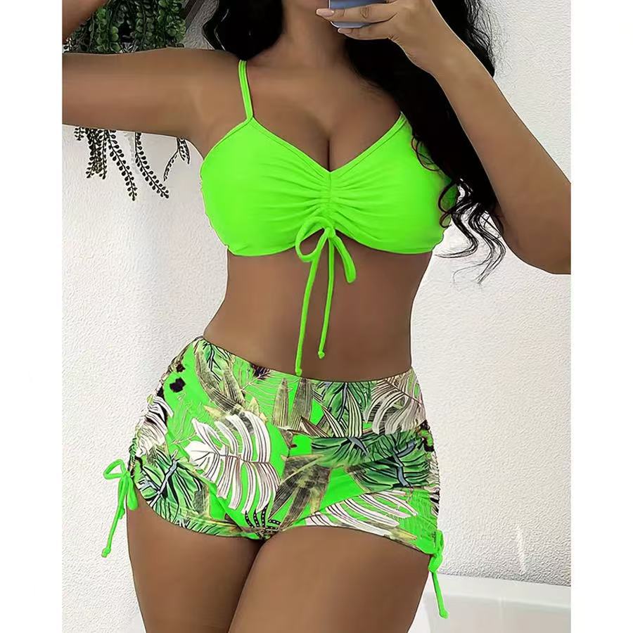 2025 Foreign Trade New Swimwear Women's European and American Amazon Bikini Split High Waist Color Split Sling Sexy Swimsuit