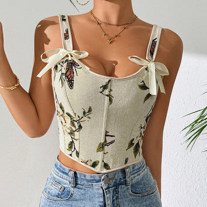 Cross-border Hot Sale French Style Bow Lace-up Floral Sexy Shaper Women's Sling Printed Slim-fit Vest Corset