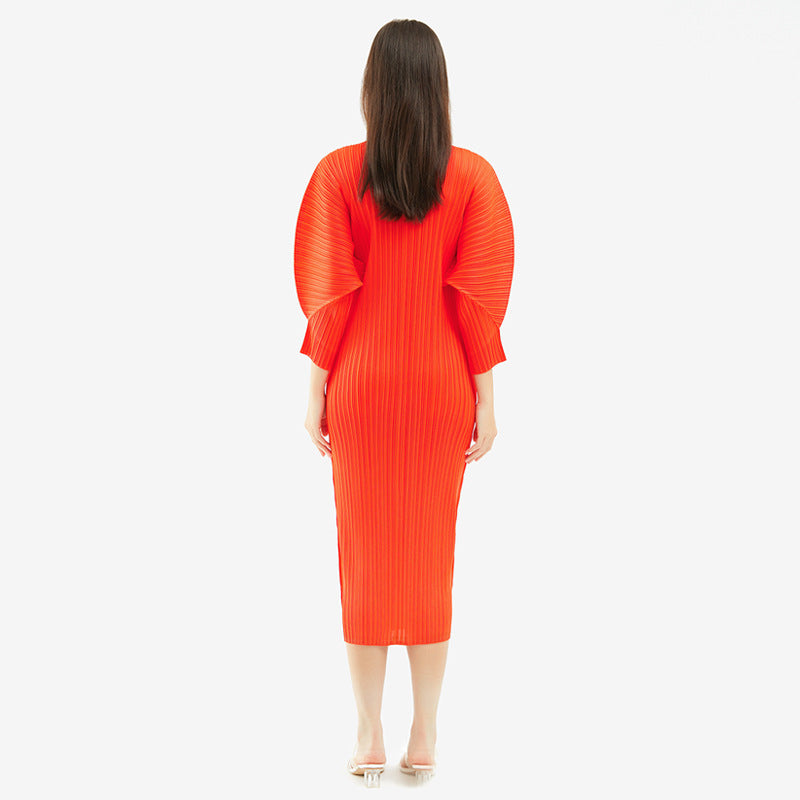 Miyake Simple and Comfortable Casual Dress for Women 2026 Spring Slim Fit Long-Sleeve Mid-Length A-Line Dress