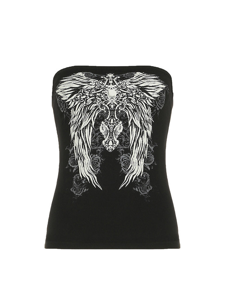 2025 European and American Clothing Y2K Millennial Hot Girl Dark Retro Wings Print Contrast Color Slim Basic Tube Top