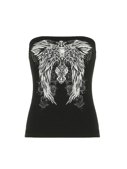 2025 European and American Clothing Y2K Millennial Hot Girl Dark Retro Wings Print Contrast Color Slim Basic Tube Top