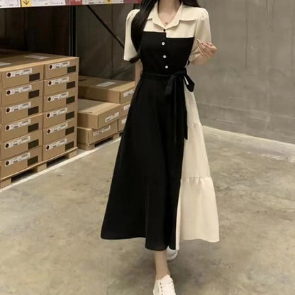 plus size Contrast Color Stitching Fake Two-piece Shirt dress Women's Summer New chubby girl Tight Waist Slimming Hepburn Style Long Dress