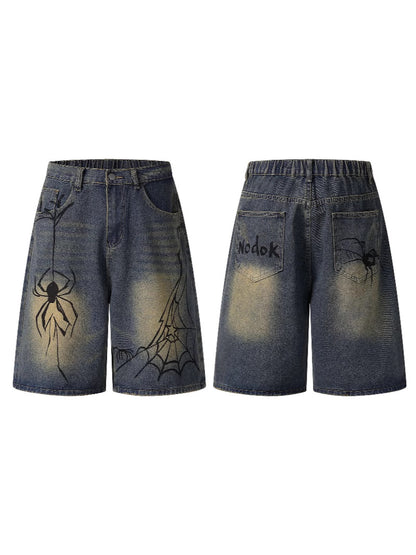 Cross-Border Popular Source | Hand-Painted Spider Denim Shorts Men's Summer Loose Retro Distressed Blue Straight-Leg Trousers