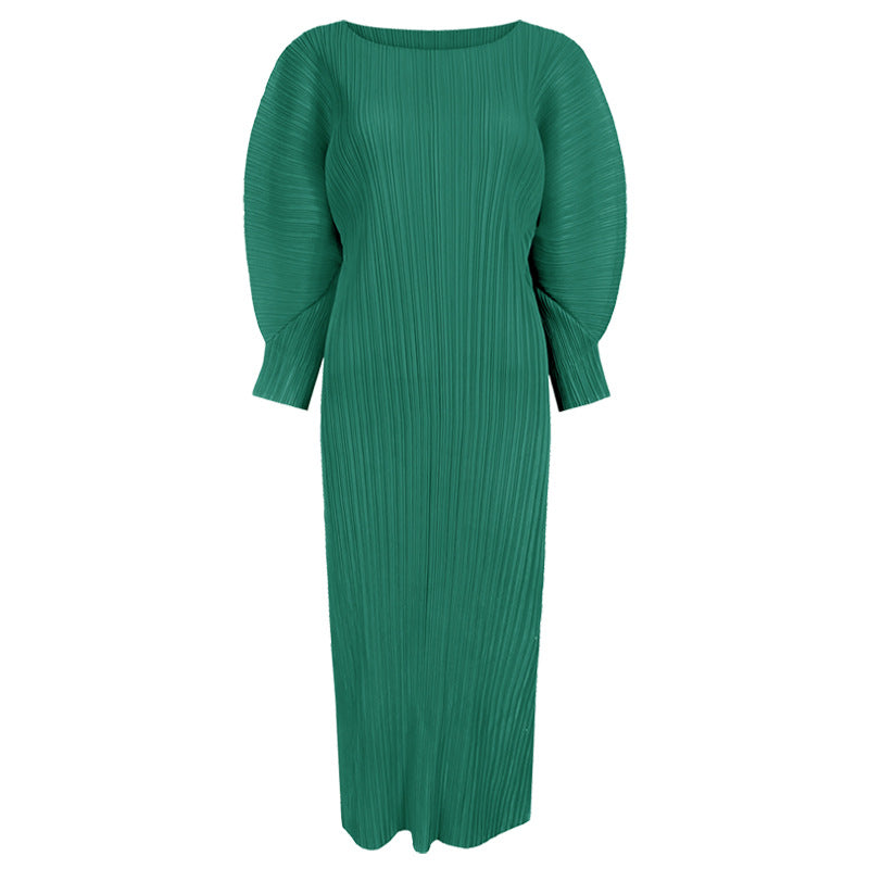 Miyake Simple and Comfortable Casual Dress for Women 2026 Spring Slim Fit Long-Sleeve Mid-Length A-Line Dress