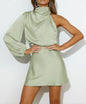 Spring 2024 Women's Satin Shoulder Long Sleeve Mini Skirt Silk Long Sleeve Crewneck Cocktail Skirt