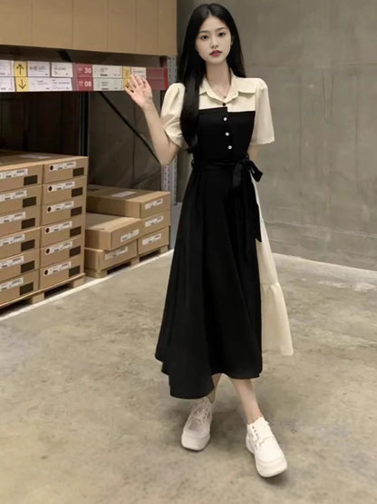plus size Contrast Color Stitching Fake Two-piece Shirt dress Women's Summer New chubby girl Tight Waist Slimming Hepburn Style Long Dress