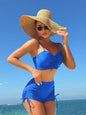 2025 European and American New Pure Color Split Conservative Boxer Briefs Chest Mid-Pants Side Drawstring Swimsuit Swimsuit Cross-Border Temu
