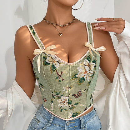 Cross-border Hot Sale French Style Bow Lace-up Floral Sexy Shaper Women's Sling Printed Slim-fit Vest Corset