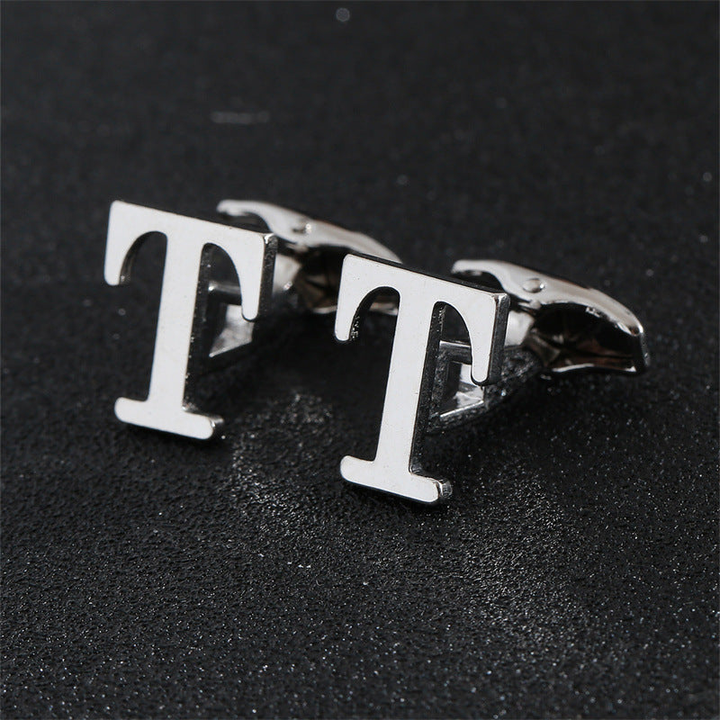Cross-Border Specially Designed for Silver 26 English Letters Glossy Men's Cufflinks Manufacturer Wholesale Personalized French Shirt Cufflinks