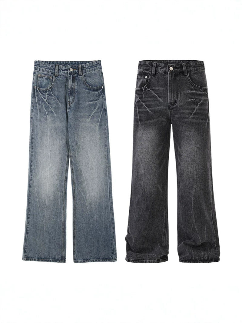 LKTM Men's# American vibe Lightning Crack Blue Jeans Men's cleanfit Slightly Slim Pants