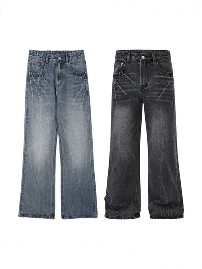 LKTM Men's# American vibe Lightning Crack Blue Jeans Men's cleanfit Slightly Slim Pants