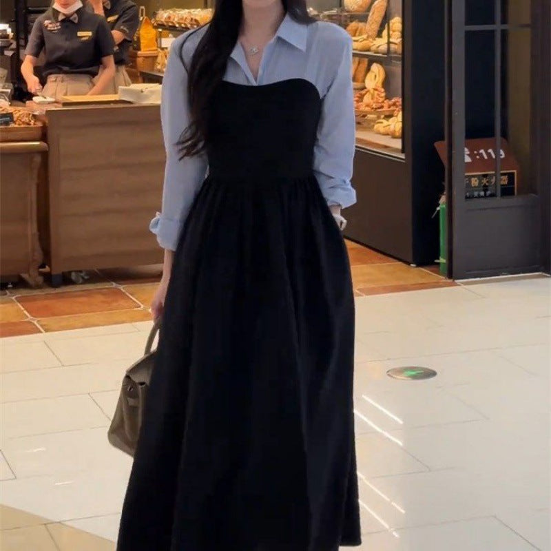Plus Size Early Autum New Women's Fake Two-Piece Shirt Black Long-Sleeved Dress High-End Matching Set