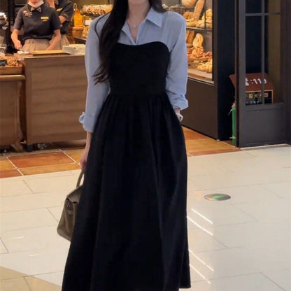 Plus Size Early Autum New Women's Fake Two-Piece Shirt Black Long-Sleeved Dress High-End Matching Set