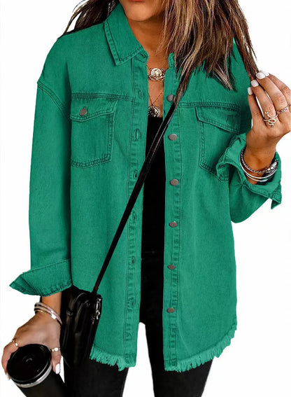 Cross-border New Washed Denim Shirt Jacket 2024 European and American Women's Autumn and Winter Distinctive Street Style Edge Hem Jacket