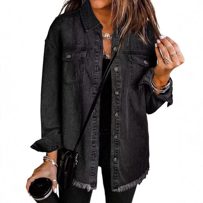 Cross-border New Washed Denim Shirt Jacket 2024 European and American Women's Autumn and Winter Distinctive Street Style Edge Hem Jacket