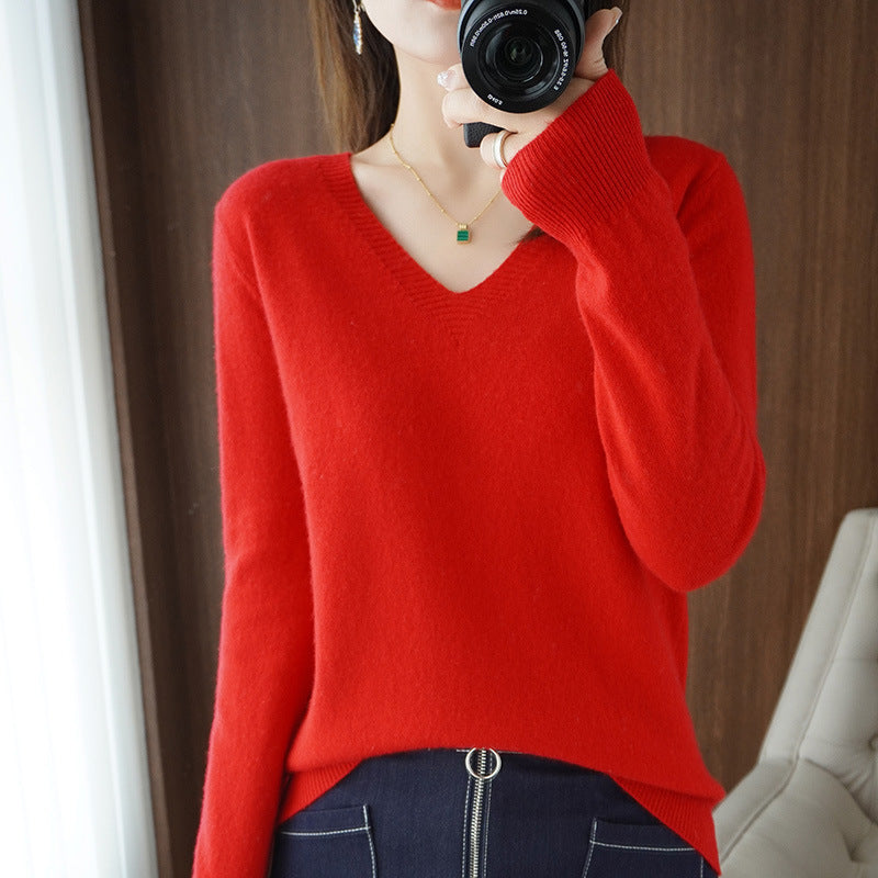 New Autumn and Winter Knitwear Women's V Neck Long-Sleeved Pullover Top Pure Color Korean Style Loose Bottoming Shirt Slimming Look Outer Wear Thin