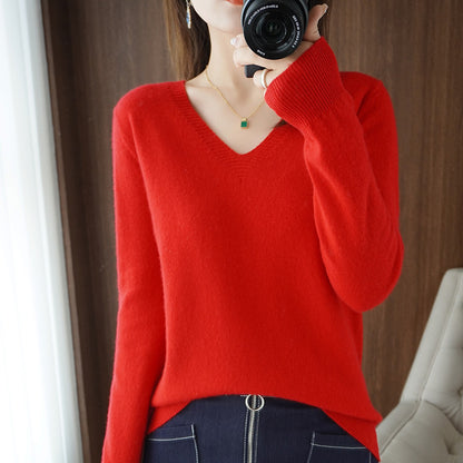 New Autumn and Winter Knitwear Women's V Neck Long-Sleeved Pullover Top Pure Color Korean Style Loose Bottoming Shirt Slimming Look Outer Wear Thin