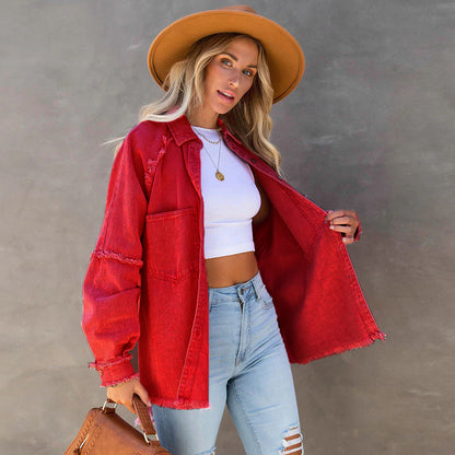 Factory Direct Sales 2025 Autum European and American Long-Sleeved Denim Jacket Women's Washed Raw Edge Mid-Length Loose Jacket in Stock