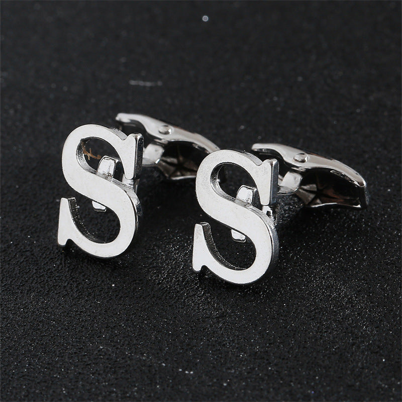 Cross-Border Specially Designed for Silver 26 English Letters Glossy Men's Cufflinks Manufacturer Wholesale Personalized French Shirt Cufflinks