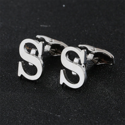 Cross-Border Specially Designed for Silver 26 English Letters Glossy Men's Cufflinks Manufacturer Wholesale Personalized French Shirt Cufflinks