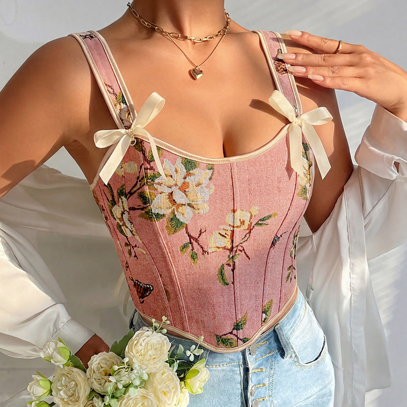 Cross-border Hot Sale French Style Bow Lace-up Floral Sexy Shaper Women's Sling Printed Slim-fit Vest Corset