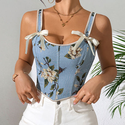 Cross-border Hot Sale French Style Bow Lace-up Floral Sexy Shaper Women's Sling Printed Slim-fit Vest Corset