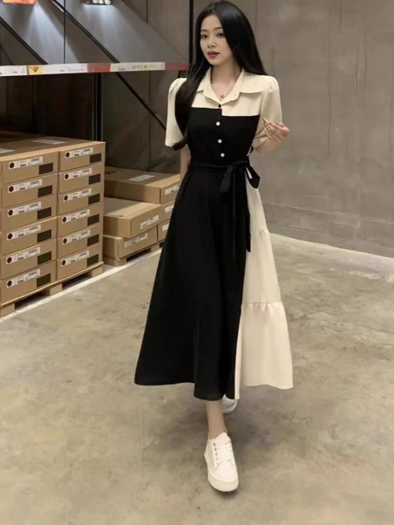 plus size Contrast Color Stitching Fake Two-piece Shirt dress Women's Summer New chubby girl Tight Waist Slimming Hepburn Style Long Dress