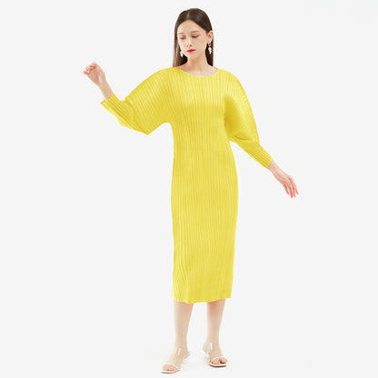 Miyake Simple and Comfortable Casual Dress for Women 2026 Spring Slim Fit Long-Sleeve Mid-Length A-Line Dress