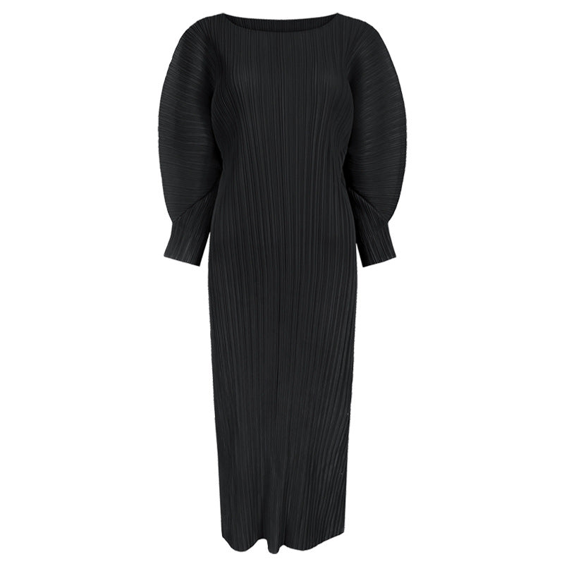 Miyake Simple and Comfortable Casual Dress for Women 2026 Spring Slim Fit Long-Sleeve Mid-Length A-Line Dress