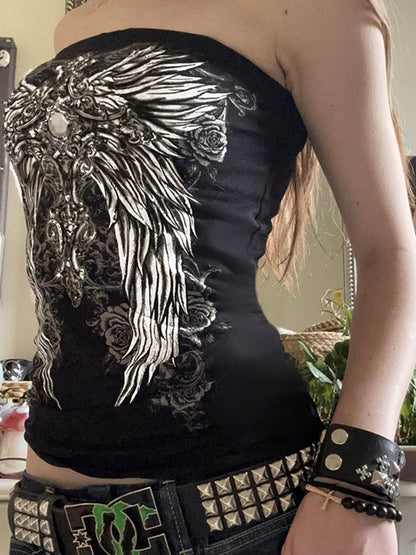 2025 European and American Clothing Y2K Millennial Hot Girl Dark Retro Wings Print Contrast Color Slim Basic Tube Top