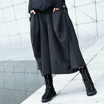 Japanese Yamamoto style black and white striped cropped wide-leg pants women's spring and autumn loose retro drape high waist casual culottes