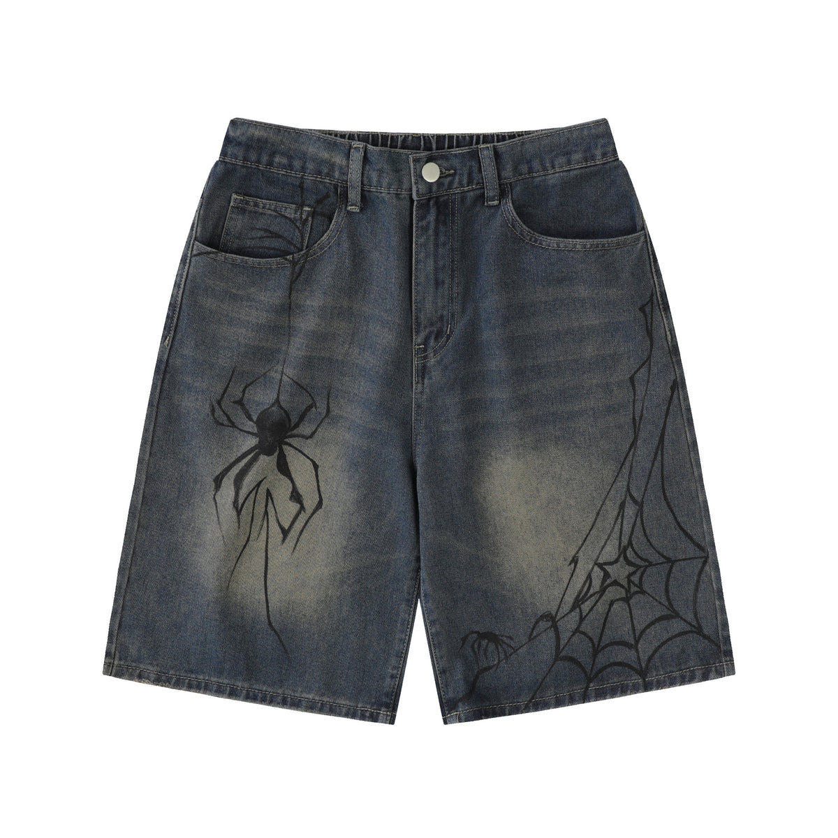 Cross-Border Popular Source | Hand-Painted Spider Denim Shorts Men's Summer Loose Retro Distressed Blue Straight-Leg Trousers