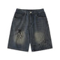 Cross-Border Popular Source | Hand-Painted Spider Denim Shorts Men's Summer Loose Retro Distressed Blue Straight-Leg Trousers