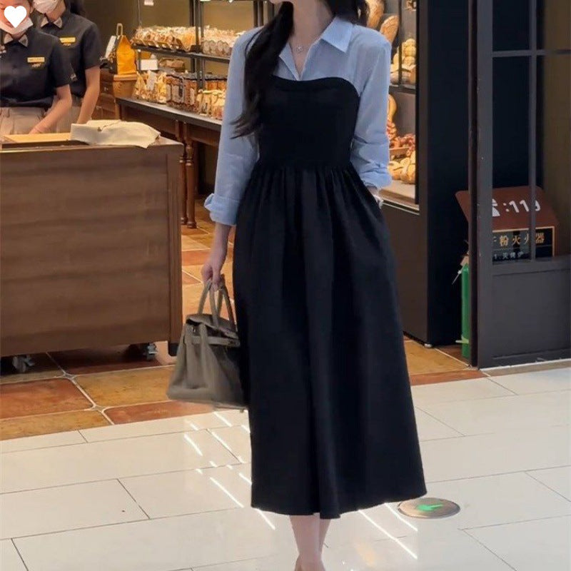 Plus Size Early Autum New Women's Fake Two-Piece Shirt Black Long-Sleeved Dress High-End Matching Set