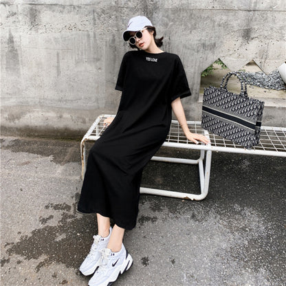 Spring and Summer Short-Sleeved Korean Internet Celebrity Lazy Maxi Skirt Elegant Dress Loose Large Size Women's Long T-Shirt Home Wear