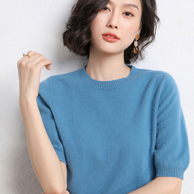 2025 Spring and Summer New Style Knitted Short-Sleeved Women's Round Neck Bottoming Knitted Pullover Half-Sleeved Sweater Loose Bottoming Sweater