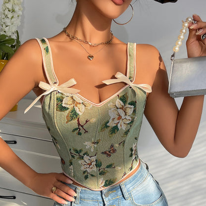 Cross-border Hot Sale French Style Bow Lace-up Floral Sexy Shaper Women's Sling Printed Slim-fit Vest Corset
