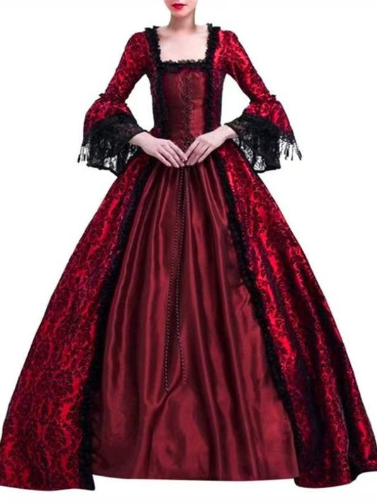 New Large Size Retro Palace Medieval Dress with Lace Splicing and Bell Sleeves for Women's Stage Performance, in Stock