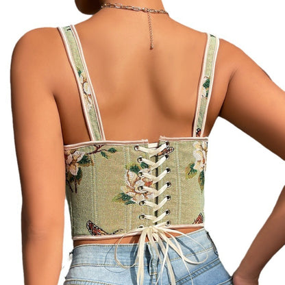 Cross-border Hot Sale French Style Bow Lace-up Floral Sexy Shaper Women's Sling Printed Slim-fit Vest Corset