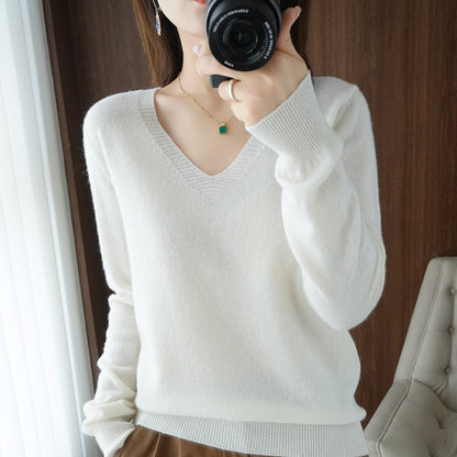 New Autumn and Winter Knitwear Women's V Neck Long-Sleeved Pullover Top Pure Color Korean Style Loose Bottoming Shirt Slimming Look Outer Wear Thin