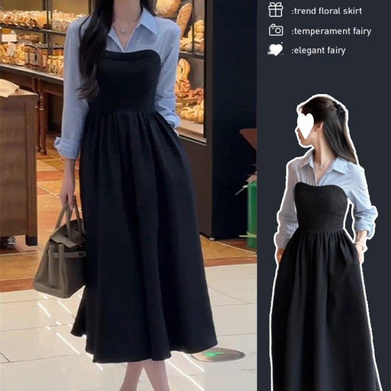 Plus Size Early Autum New Women's Fake Two-Piece Shirt Black Long-Sleeved Dress High-End Matching Set