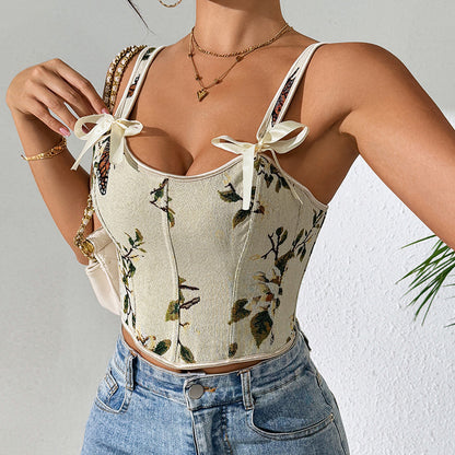 Cross-border Hot Sale French Style Bow Lace-up Floral Sexy Shaper Women's Sling Printed Slim-fit Vest Corset