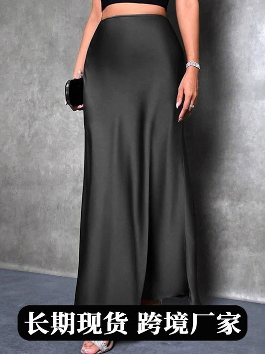 Foreign Trade Cross-Border Satin Skirt Spring and Summer New European and American Amazon Simple Imitation Silk Long Skirt Women's Clothing